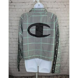 Champion Windbreaker Jacket Women's Large Black Houndstooth Cropped Button Up